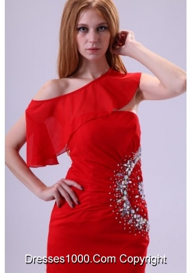 Single Shoulder Mini-length Red Prom Party Dress with Beading