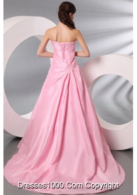 A-line Court Train Prom Gown Dress in Baby Pink with Puffy Skirt