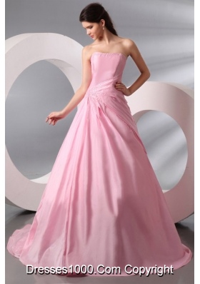 A-line Court Train Prom Gown Dress in Baby Pink with Puffy Skirt