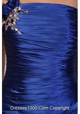 Handle Flowers One Shoulder Column Ruching Blue Prom Dresses