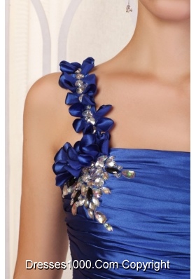 Handle Flowers One Shoulder Column Ruching Blue Prom Dresses