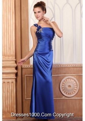 Handle Flowers One Shoulder Column Ruching Blue Prom Dresses