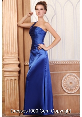 Handle Flowers One Shoulder Column Ruching Blue Prom Dresses