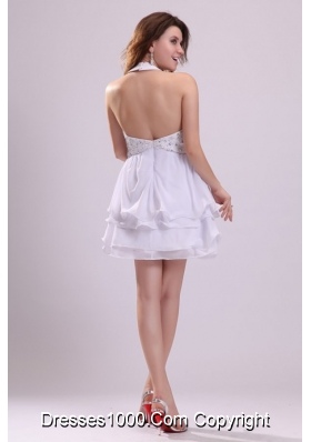 Mini-length White Halter Top Layers Prom Dresses with Beading