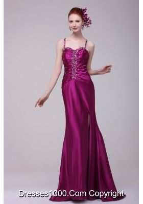 Cute Straps Sheath Beaded Sweep Train Prom Dress with Side Slit