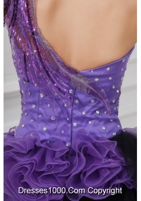 Purple and Black Asymmetrical Ruffled and Beaded Prom Gowns