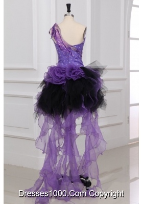 Purple and Black Asymmetrical Ruffled and Beaded Prom Gowns