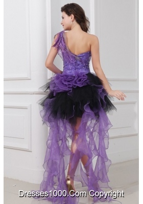 Purple and Black Asymmetrical Ruffled and Beaded Prom Gowns