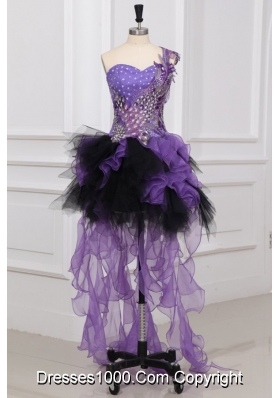 Purple and Black Asymmetrical Ruffled and Beaded Prom Gowns