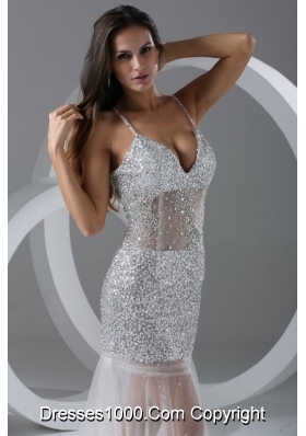 Sexy Spaghetti Straps Sequins Sheer Tulle Prom Gowns in Silver