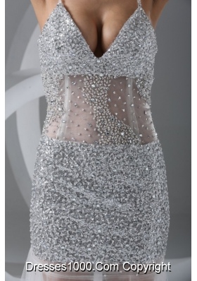 Sexy Spaghetti Straps Sequins Sheer Tulle Prom Gowns in Silver