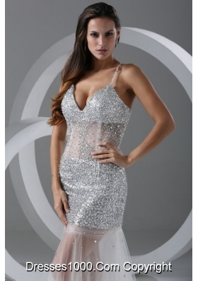 Sexy Spaghetti Straps Sequins Sheer Tulle Prom Gowns in Silver