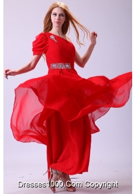 Cheap One Shoulder Beading Chiffon Prom Formal Dress in Red