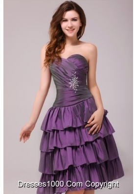 Purple A-line Beading and Ruche Layers Knee-length Prom Gowns