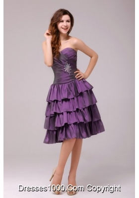 Purple A-line Beading and Ruche Layers Knee-length Prom Gowns