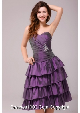 Purple A-line Beading and Ruche Layers Knee-length Prom Gowns