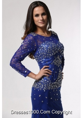 Noble Blue Scoop Long Sleeves Column Prom Dress with Beading