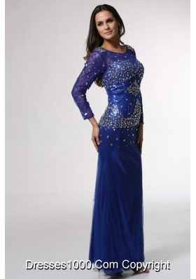 Noble Blue Scoop Long Sleeves Column Prom Dress with Beading