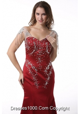 V-neck Trumpet Wine Red Taffeta Prom Gowns with Court Train