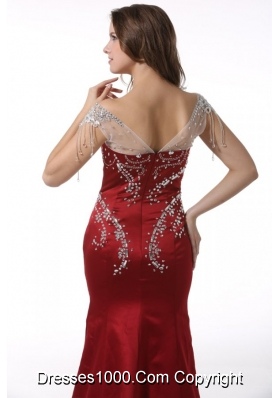 V-neck Trumpet Wine Red Taffeta Prom Gowns with Court Train