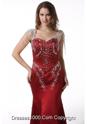 V-neck Trumpet Wine Red Taffeta Prom Gowns with Court Train