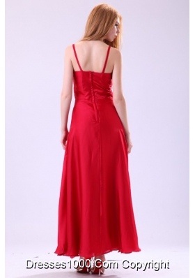 Red Ankle-length Column Beading Chiffon Prom Evening Dress