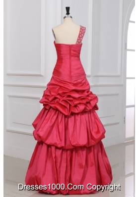 A-line Beaded Decorate One Shoulder Prom Holiday Dress in Coral Red