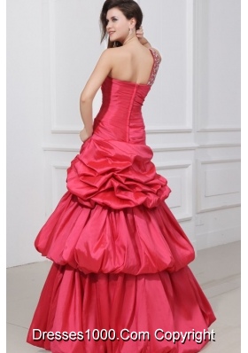 A-line Beaded Decorate One Shoulder Prom Holiday Dress in Coral Red