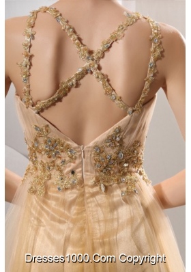 Champagne Spaghetti Straps Appliques Prom Dresses for Ladies