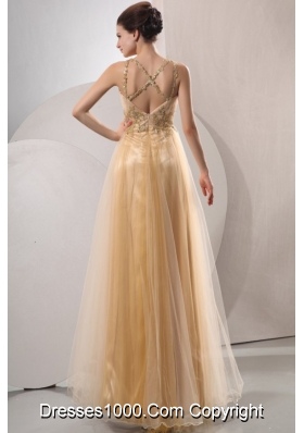 Champagne Spaghetti Straps Appliques Prom Dresses for Ladies