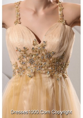 Champagne Spaghetti Straps Appliques Prom Dresses for Ladies