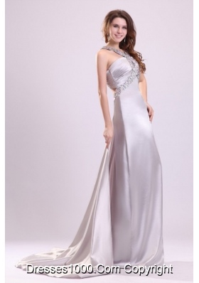 Gray Straps Beading and Ruching Brush Train Prom Gown Dress