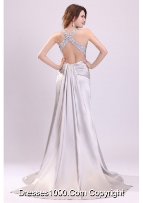 Gray Straps Beading and Ruching Brush Train Prom Gown Dress