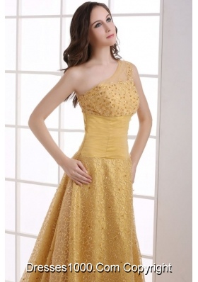 Lace One Shoulder Ruching Court Train Gold Dresses for Prom