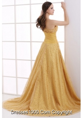 Lace One Shoulder Ruching Court Train Gold Dresses for Prom