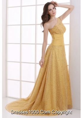 Lace One Shoulder Ruching Court Train Gold Dresses for Prom