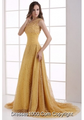 Lace One Shoulder Ruching Court Train Gold Dresses for Prom