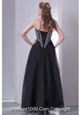 Chic Black Ankle-length Organza Prom Gown Dress with Beaded Breast