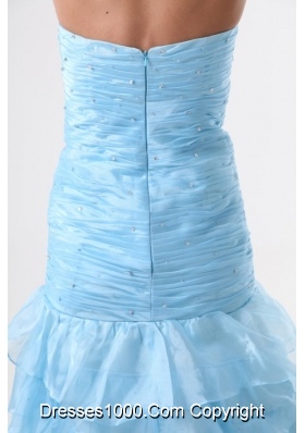 Aqua Blue Mermaid Strapless Prom Dresses with Beading and Layers