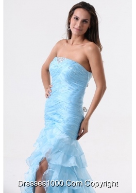 Aqua Blue Mermaid Strapless Prom Dresses with Beading and Layers