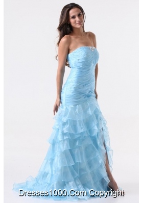 Aqua Blue Mermaid Strapless Prom Dresses with Beading and Layers