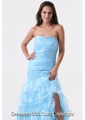 Aqua Blue Mermaid Strapless Prom Dresses with Beading and Layers