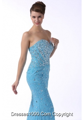 Beaded Aqua Blue Mermaid Sweetheart Brush Train Dresses for Prom