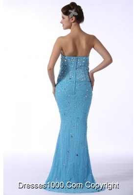 Beaded Aqua Blue Mermaid Sweetheart Brush Train Dresses for Prom