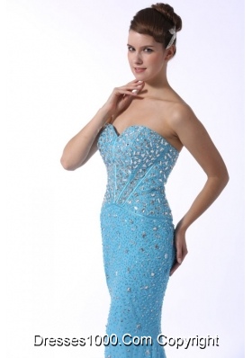 Beaded Aqua Blue Mermaid Sweetheart Brush Train Dresses for Prom