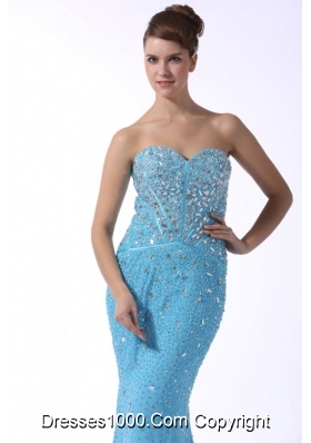 Beaded Aqua Blue Mermaid Sweetheart Brush Train Dresses for Prom