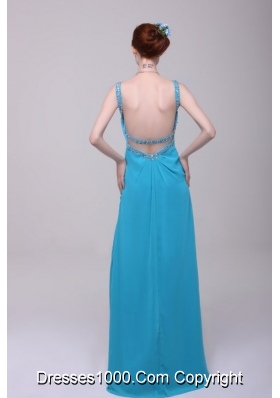 Aqua Blue Asymmetrical Neckline High Slit Chiffon Prom Maxi Dresses