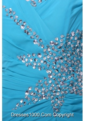 Aqua Blue Asymmetrical Neckline High Slit Chiffon Prom Maxi Dresses