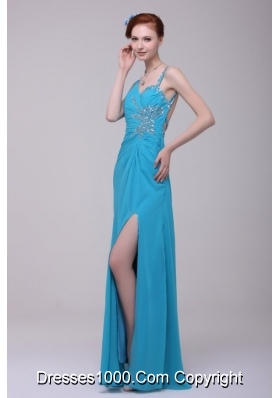 Aqua Blue Asymmetrical Neckline High Slit Chiffon Prom Maxi Dresses