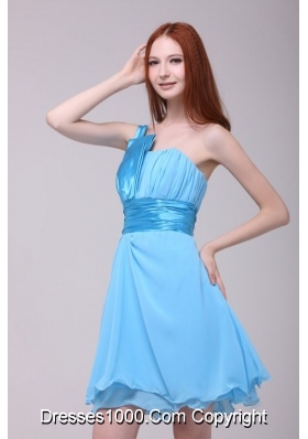 Cute Baby Blue One Shoulder Ruching Short Dresses for Prom Princess